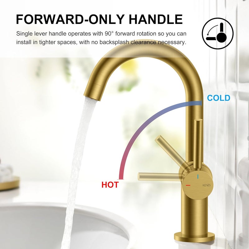 KENES Brushed Gold Single Handle Bathroom Faucets Modern Prep Wet Bar Sink Faucets Bathroom Sink Faucet with Drain Assembly & Deck Plate, Farmhouse RV Camper Outdoor Utility Faucet, KE-9005B-4 - Image 4